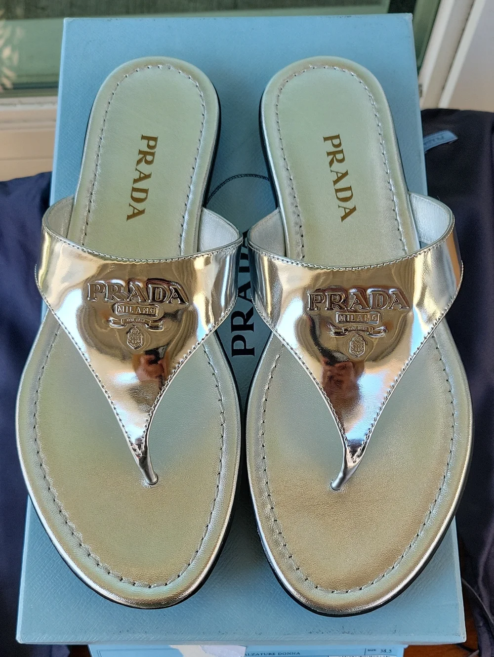 Prada Metallic Silver Logo Thong Sandals